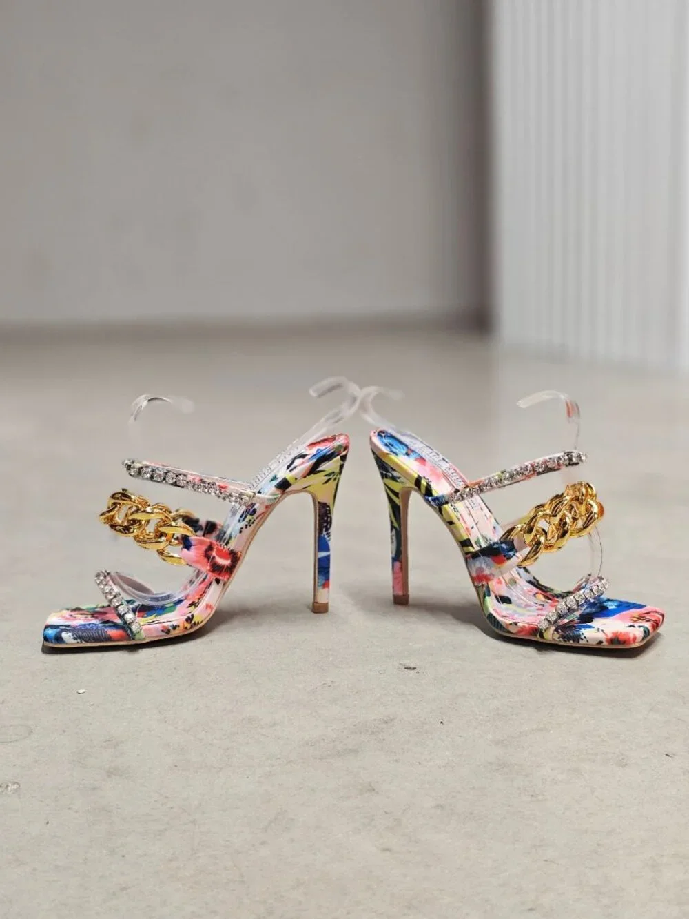 Floral Open-Toe High Heels With Rhinestone & Gold Chain Straps Multicolor Womens - Picture 11 of 14